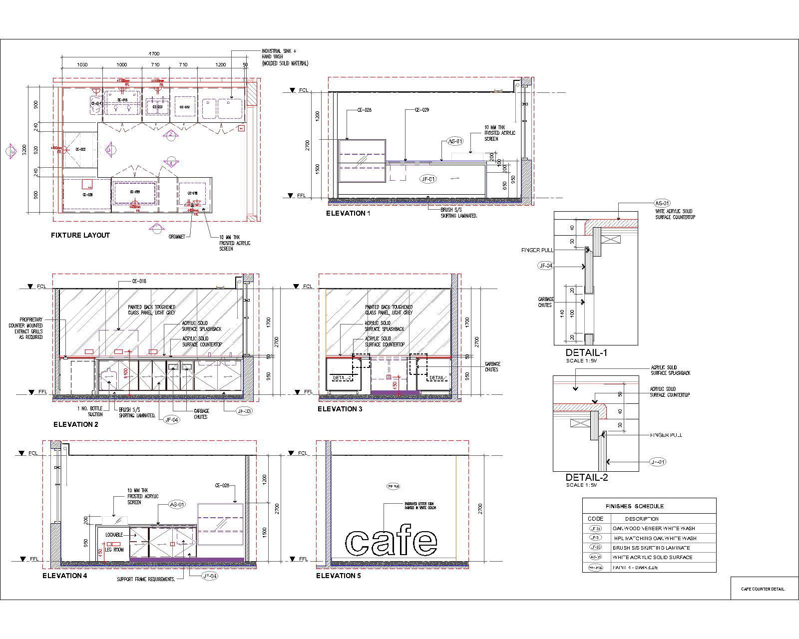 Cafe Counter CAD Block Showing Plan, Section, and Elevation Views