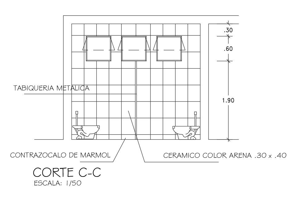 CC section view of 9x3m bathroom building is given in this Autocad drawing file.Download now.