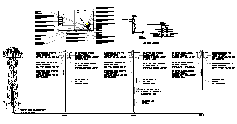 Cabin, single line diagram and electric installation of tower dwg file