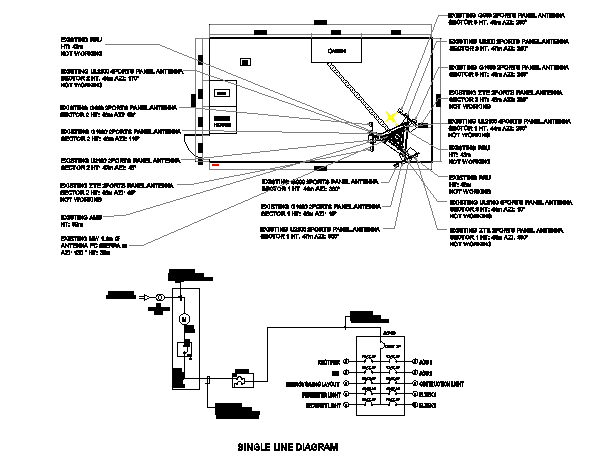 Cabin and line diagram details of electric tower dwg file