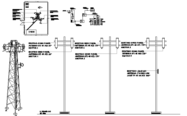 Cabin design of tower with structure and electric tower installation dwg file