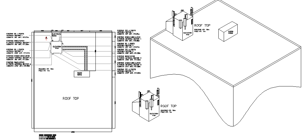 Cabin details with generator of three legged tower dwg file