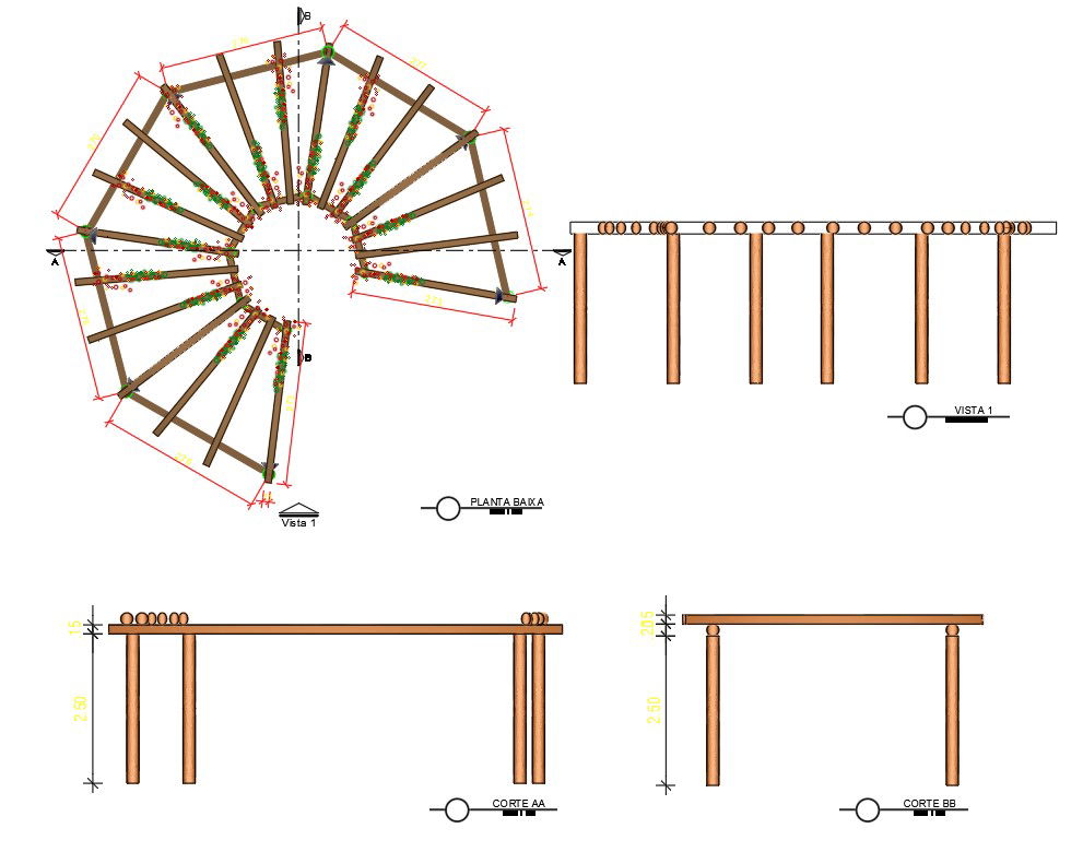 Cad Dwg Drawing file gives the detail of the plan elevation and sectional detail of semi circular pergola. Download the AutoCAD Drawing file.