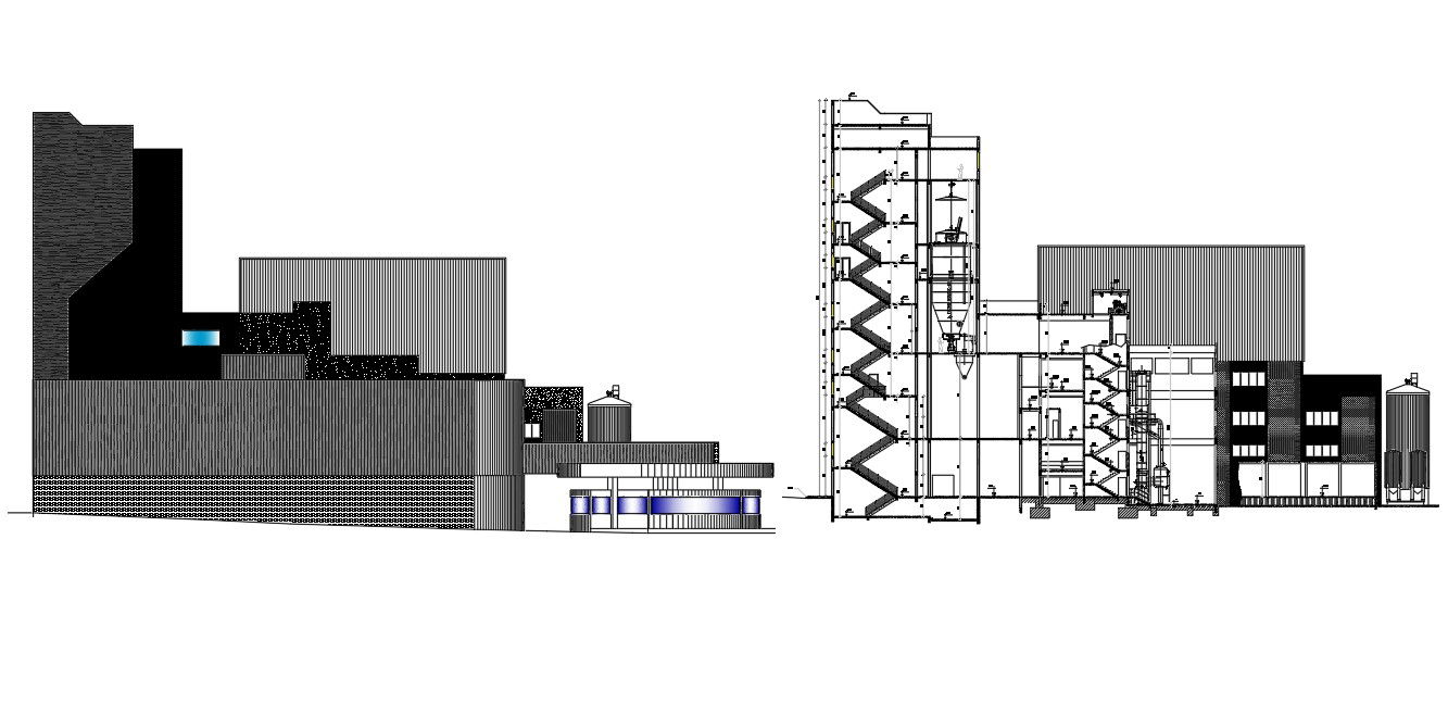Cad Dwg Drawing file having the details of sectional details and elevation of the factory. Download the AutoCAD Drawing file.