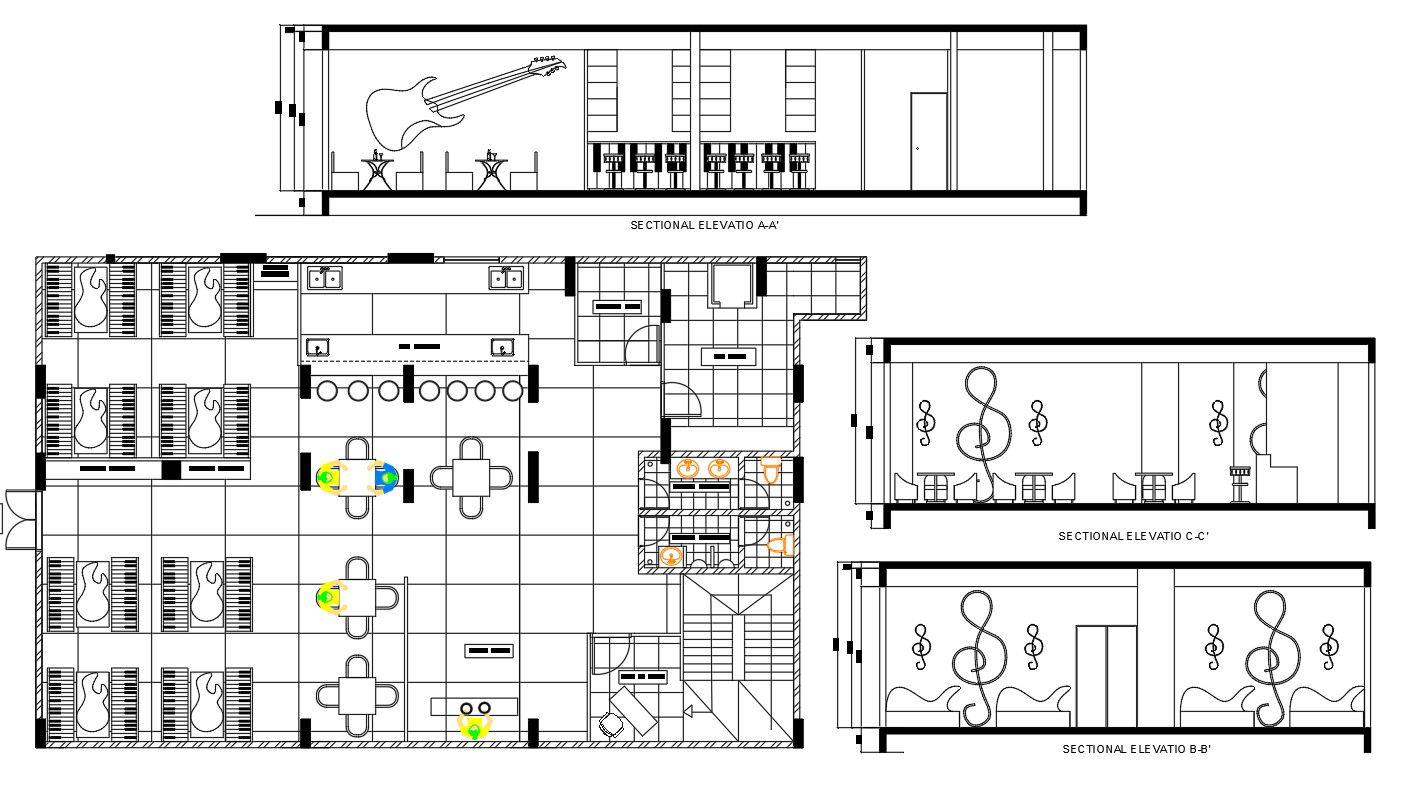 Cafe And Bar Plan With Section Drawing DWG File