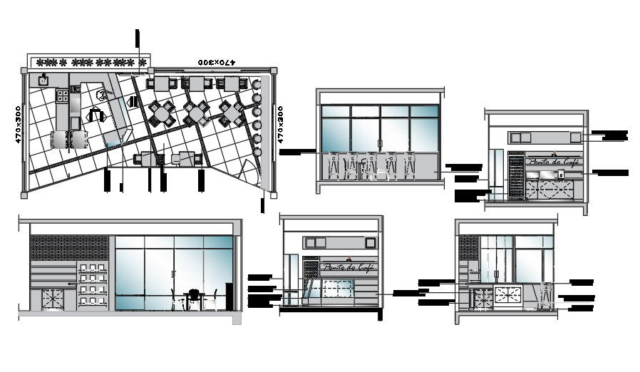 Cafe Plan With Section Drawing DWG File