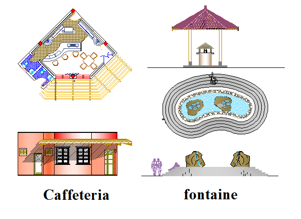 Cafeteria and fountain detailed view of private garden dwg file