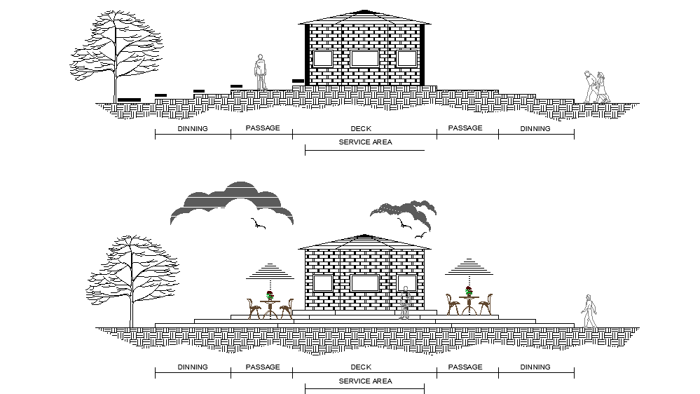 Café exterior elevation detail drawing. Download 2d autocad drawing file.