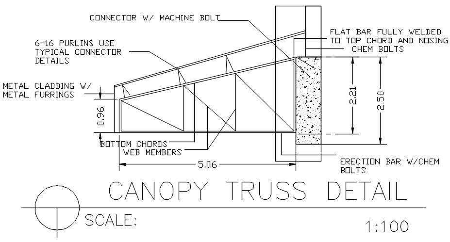 Canopy truss section details AutoCAD DWG drawing file is given. Download the AutoCAD 2D DWG file.
