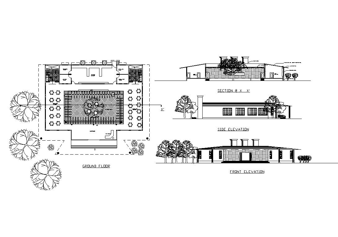 Canteen front and side elevation, section and ground floor plan details dwg file