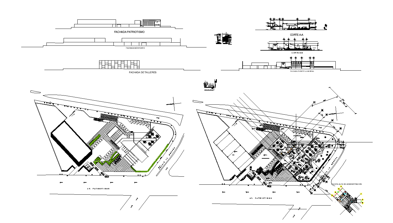 Car agency with its show room plan,elevation and section view dwg file