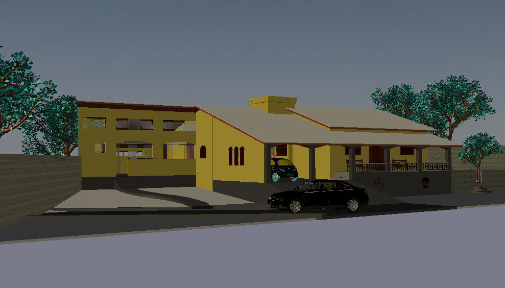 Car and bungalows 3d view with dwg file