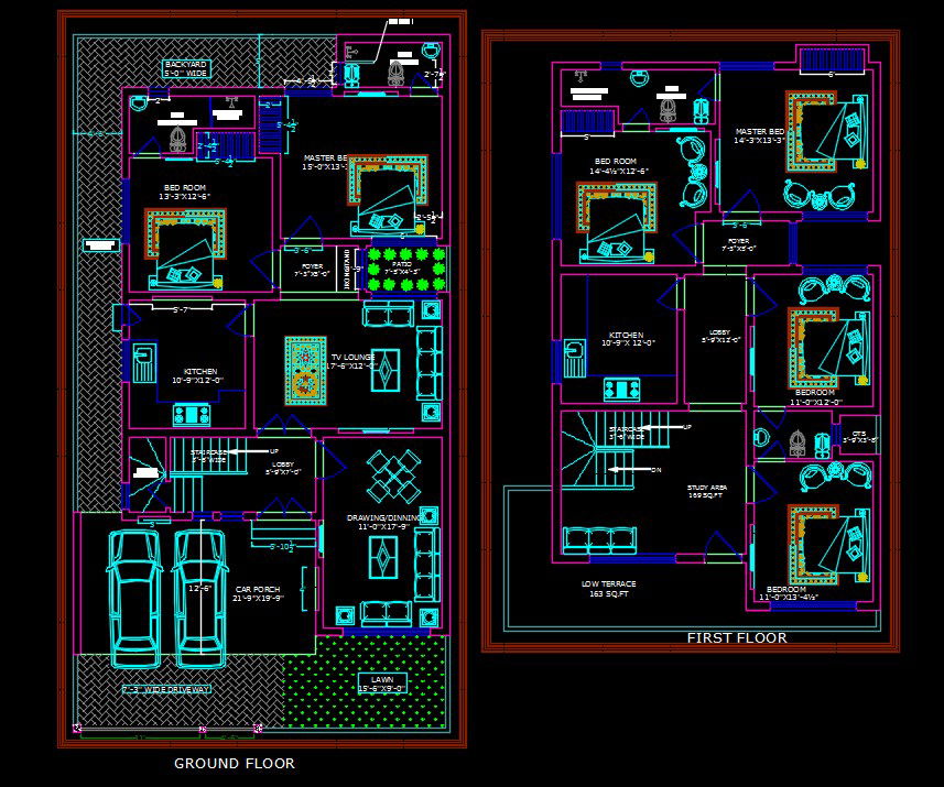 Car parking Architecture House Ground Floor And First Floor Plan DWG file