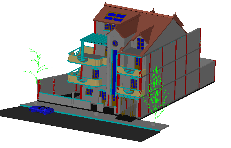Car with bungalow design in 3d in architectural view dwg file