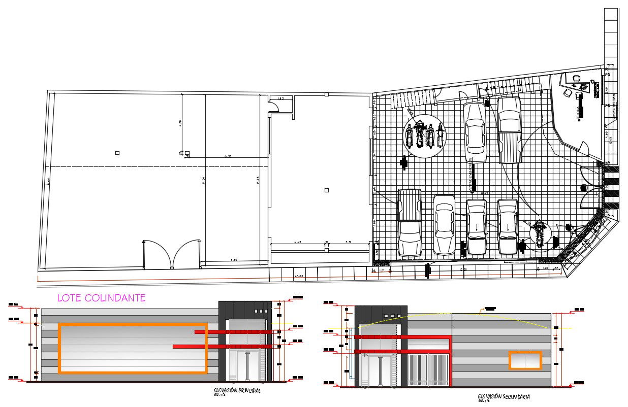 Cars And Bikes Showroom Plan With Two Rendered Elevation AutoCAD File