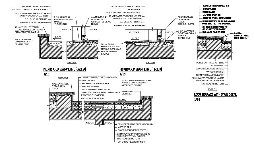 Case details of slab including detail of stair and roof terrace with section.