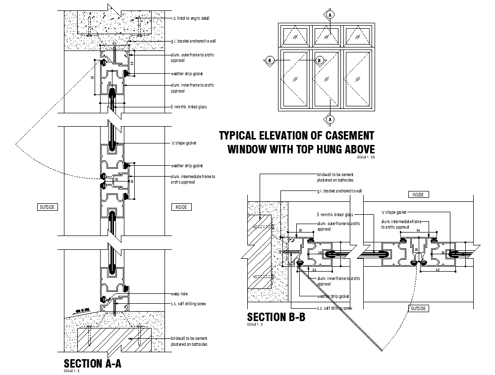 Casement Window with Top Hung DWG File CAD Drawing Layout Design