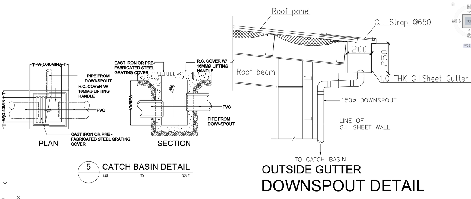 Catch Basin Plan And Section With External Gutter Downspout Detail CAD File