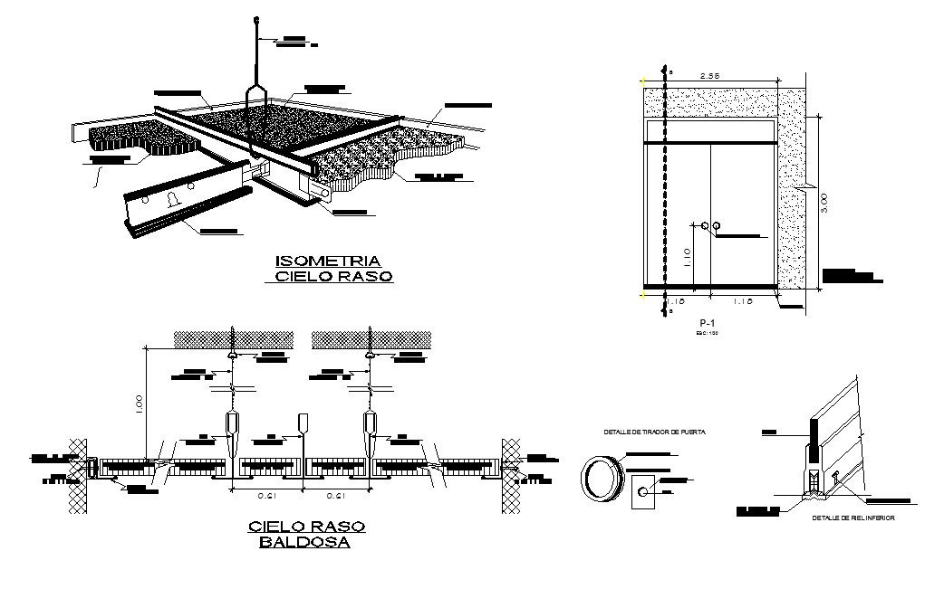 Ceiling isometric view and constructive structure details dwg file