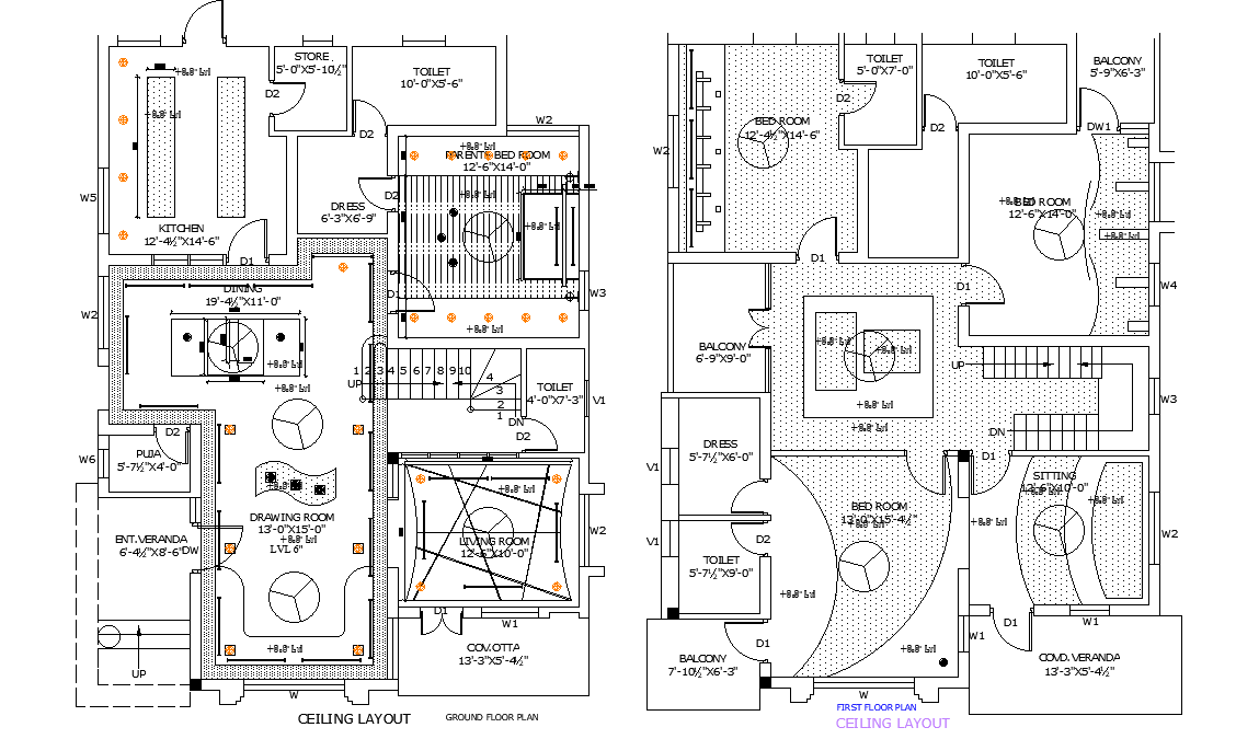 Ceiling layout of the bungalow house plan is given in this 2D Autocad DWG drawing file. Download the 2D Autocad DWG drawing file.
