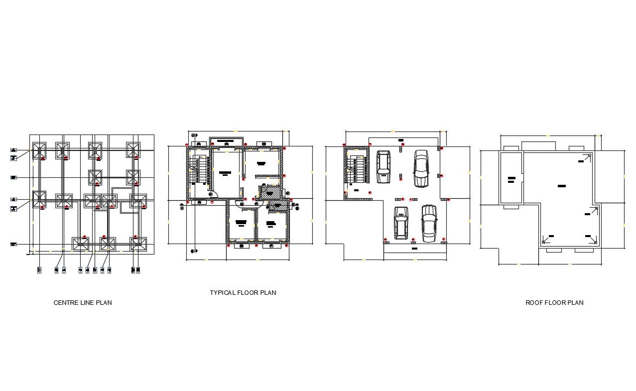 Center line, typical floor, parking floor and roof plan details of house dwg file