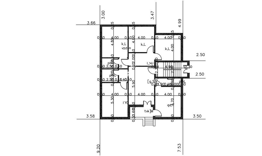 Center Line Plan Layout Of 14x15 Meter 3 BHK House Plan AutoCAD File