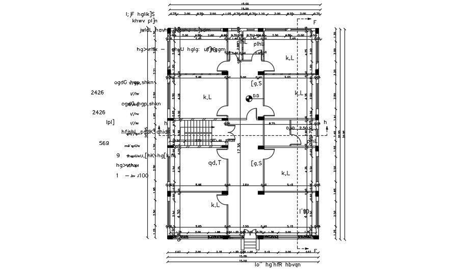 Centerline Plan Of 15x20 Meter 4 BHK House CAD File