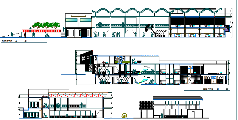 Central shopping center elevation and sectional details dwg file