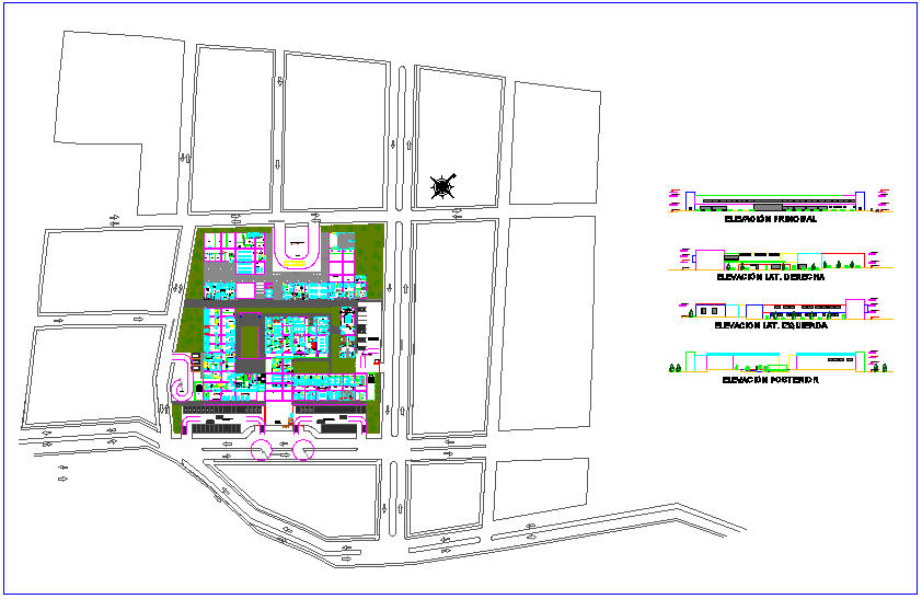 Centralized pediatric hospital design view with landscape and elevation view dwg file