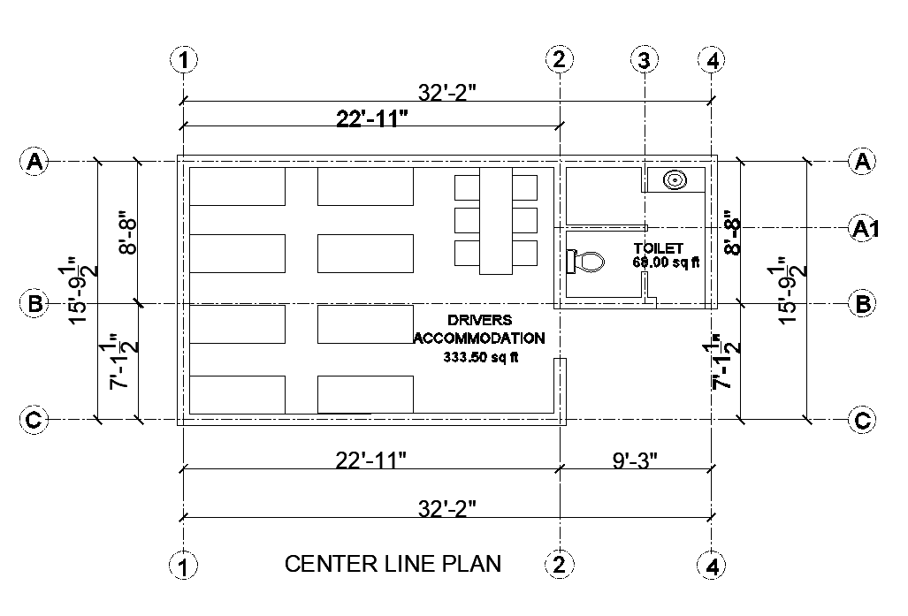 Centre line plan of 32’x16’ driver room plan is given in this AutoCAD drawing model. Download now.
