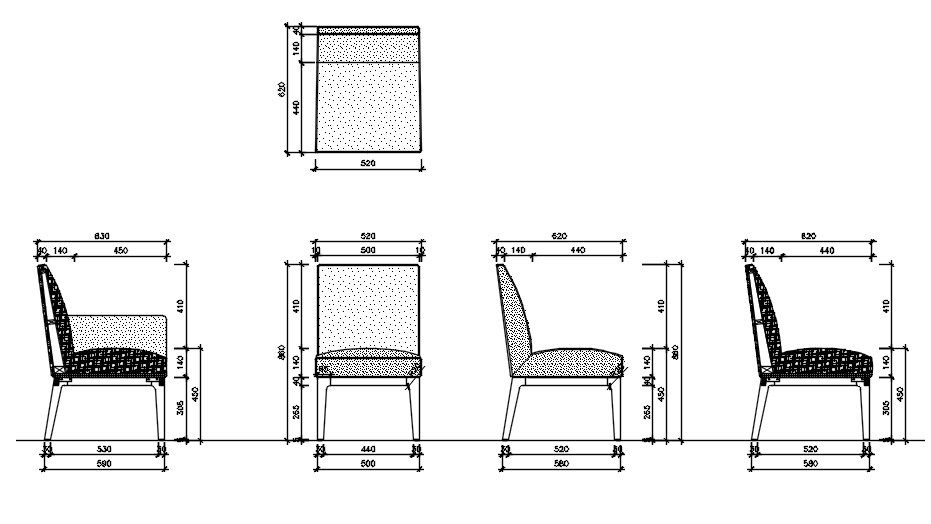 Chair with dimensions in AutoCAD 2D drawing, dwg file, CAD file