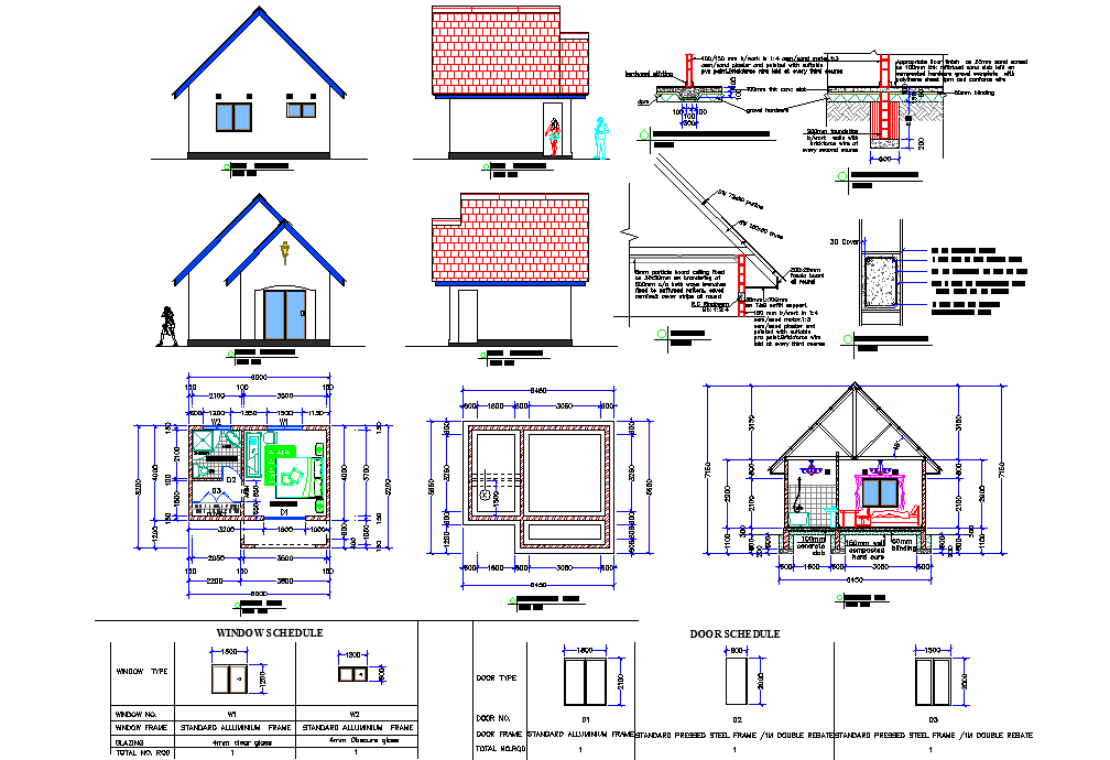 Chalet plan, elevation and section detail dwg file