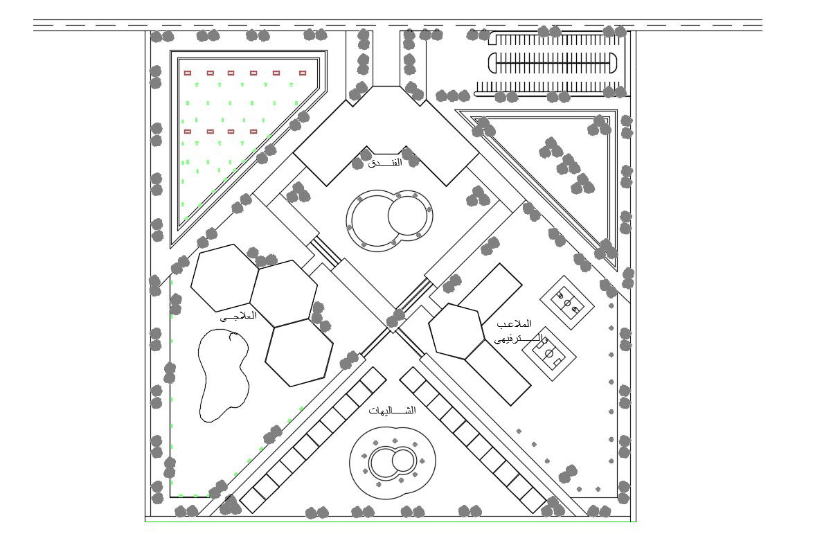 Chalets Hotel Project Line Plan With Parking Lot And Garden CAD Drawing