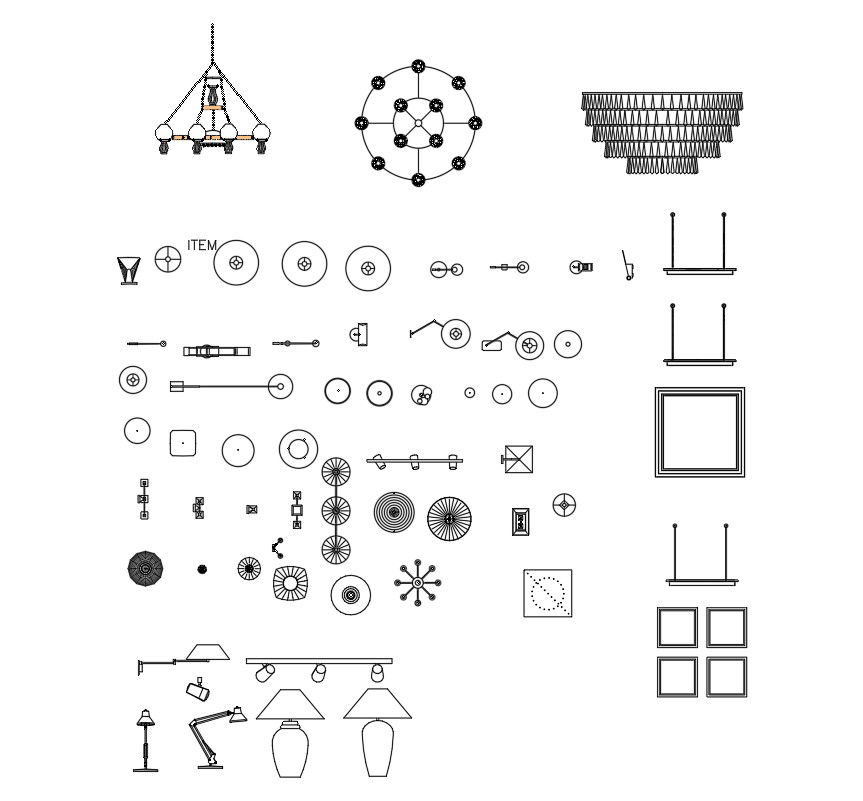 Chandelier and different lights CAD blocks in AutoCAD 2D drawing, dwg file, CAD file