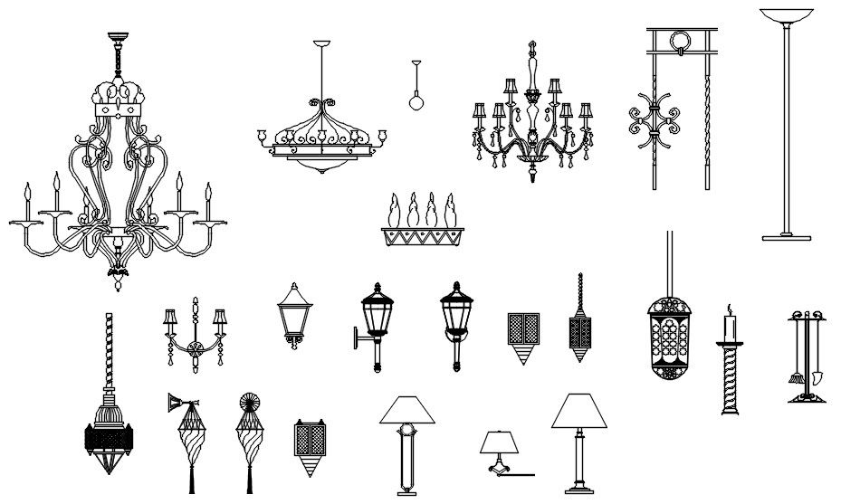 Chandelier and different types of lights CAD blocks design in AutoCAD 2D drawing, CAD file, dwg file