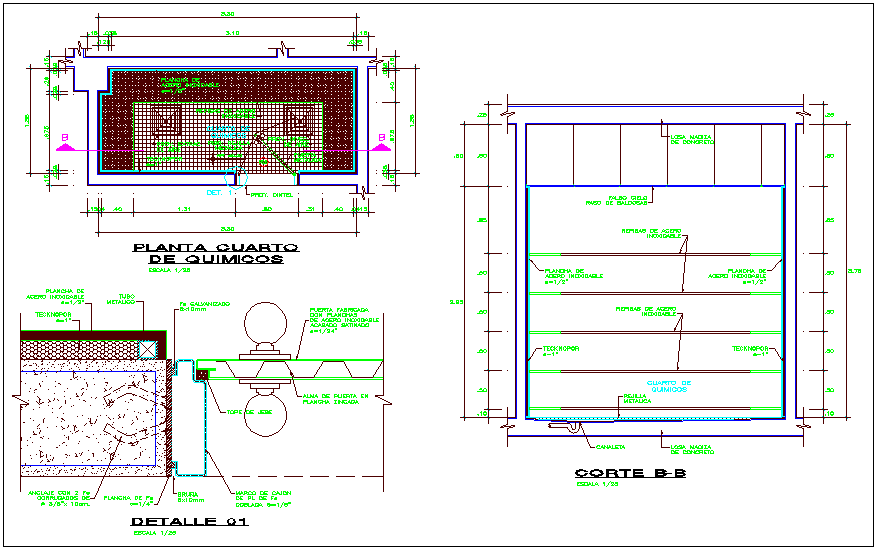 Chemical room plan,section and detail view for industries dwg file