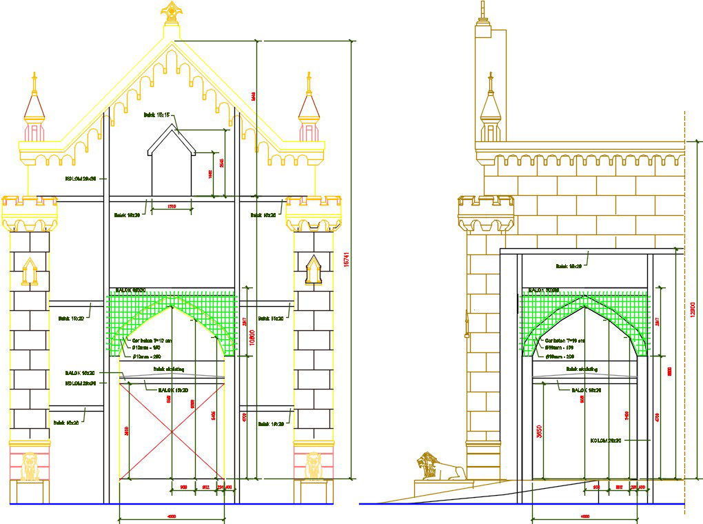 Chess game building main gate front section CAD drawing