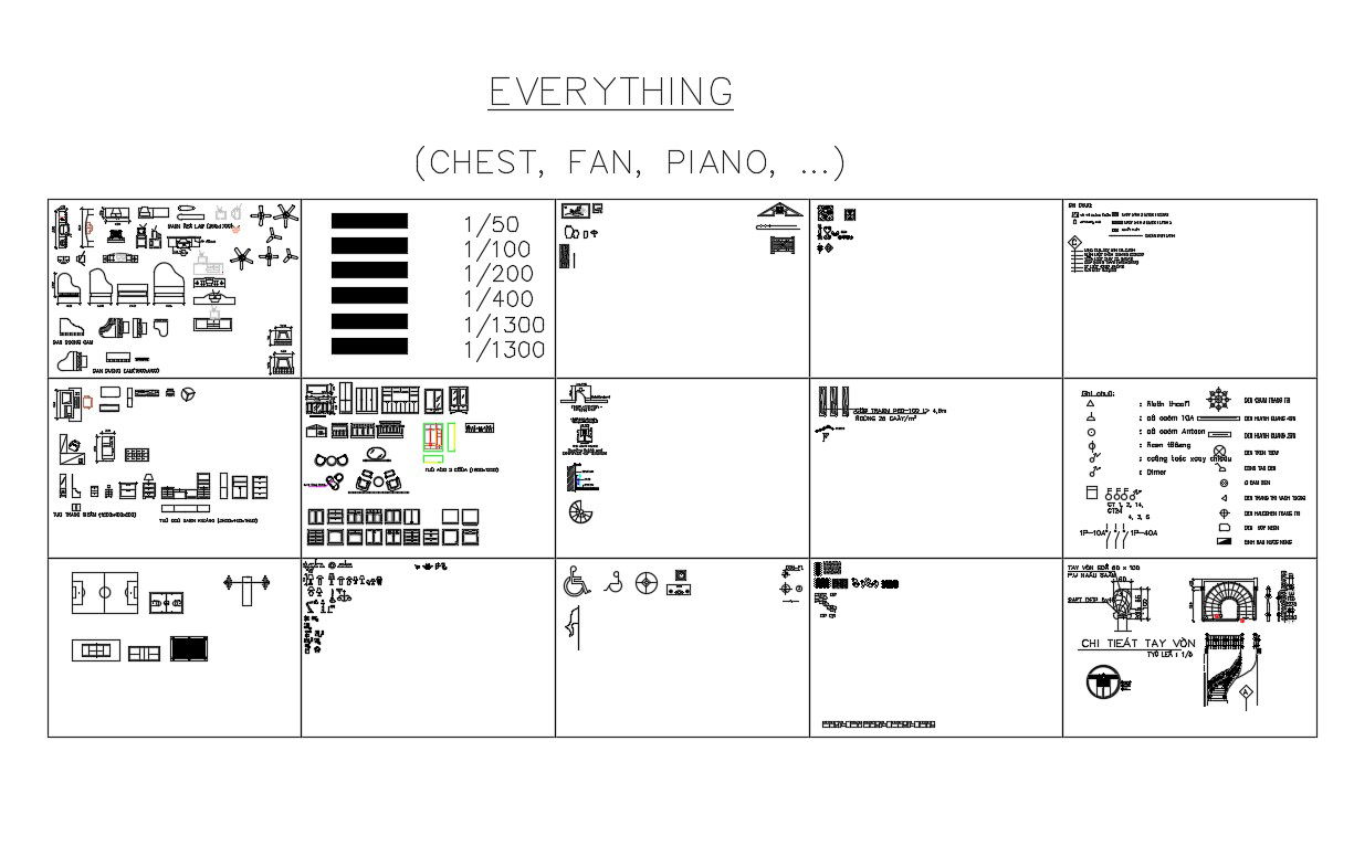 Chest, fan, piano etc furniture blocks cad drawing details dwg file