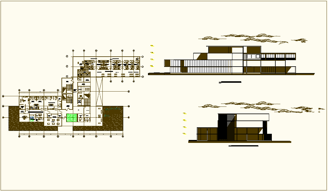 Children hospital plan and elevation view dwg file