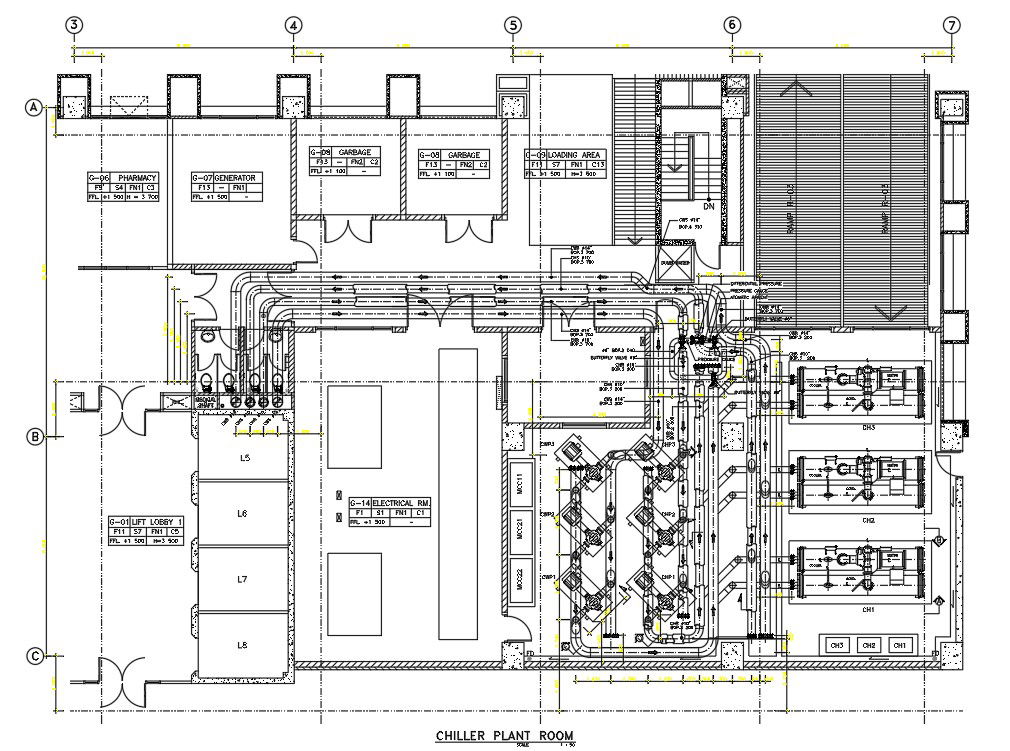 Chiller plant details of the hospital building is given in the Autocad 2D DWG drawing file. Download the Autocad DWG drawing file.