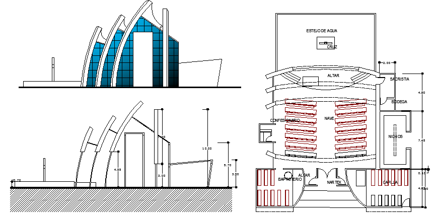 Church Architecture Layout Elevation and Structure Details dwg file