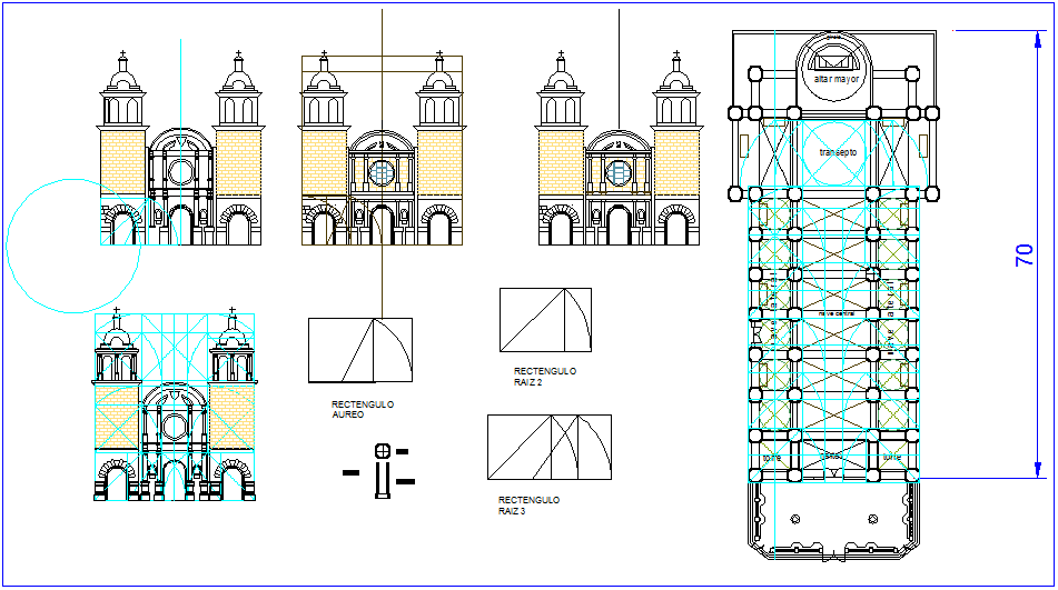 Church elevation design view with column view dwg file