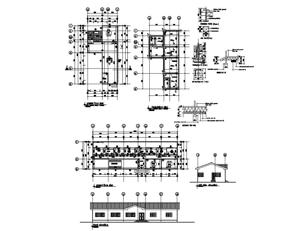 Church office elevation, section, ground floor and foundation plan details dwg file