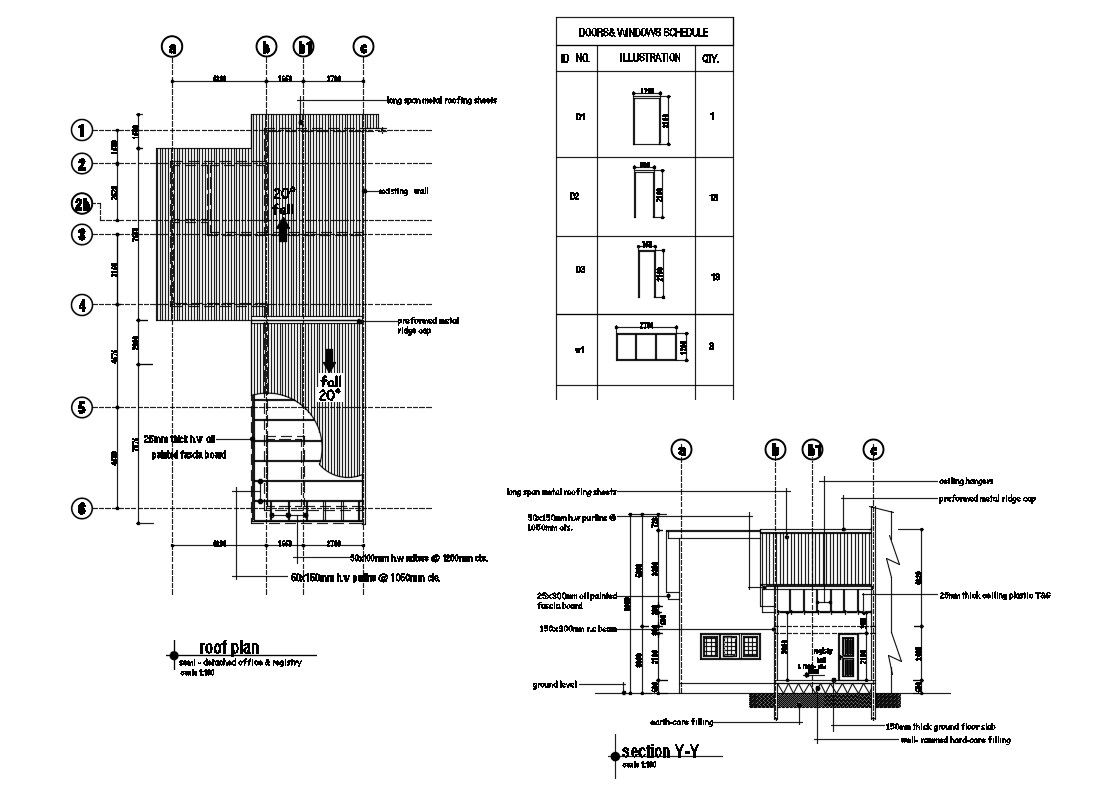 Church office section, roof plan and doors and windows schedule details dwg file