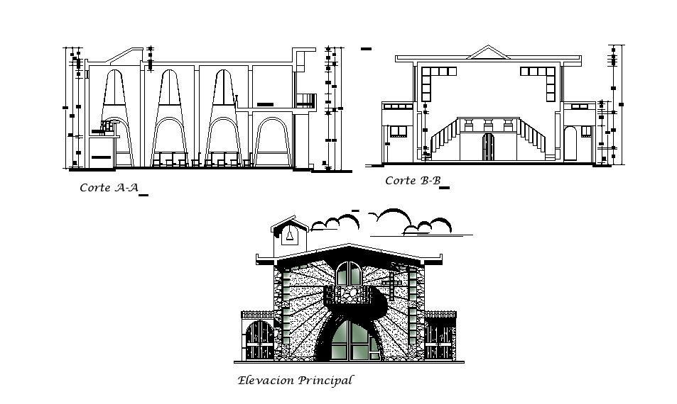 Church Building Front Elevation And Section Drawing Download DWG File