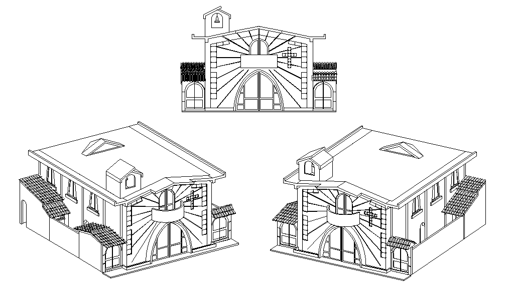 Church Building Isometric Elevation Design Download DWG File