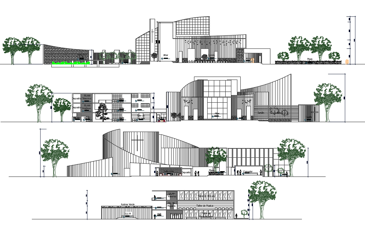 Church Religious Complex Building Sectional Elevation Drawing Download DWG File
