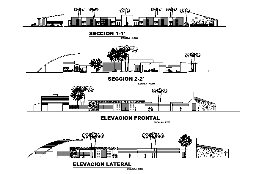 Church building all side elevation design defined in this file. Download this 2d AutoCAD drawing file.