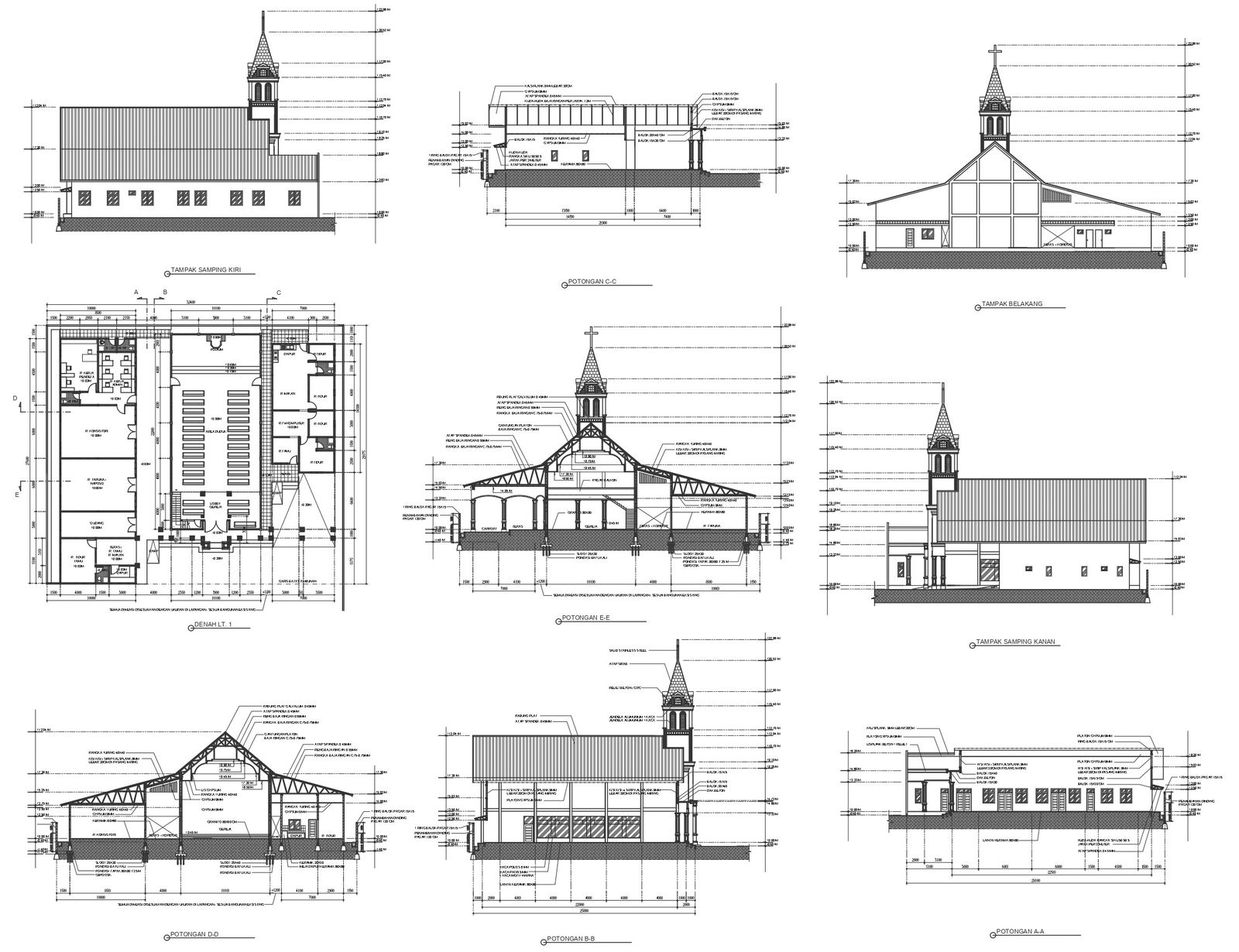 Church design with detailed plan sections and elevation DWG autoCAD drawing