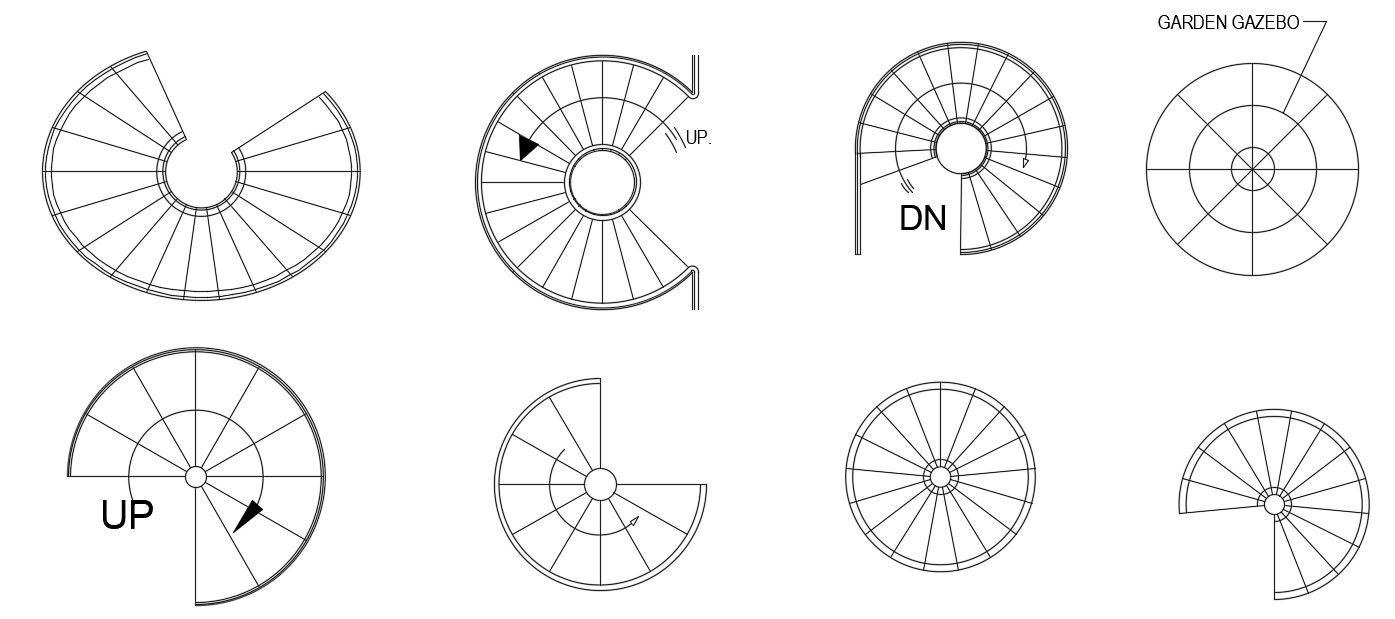 Circular Shape Spiral Staircase Units Design 2d AutoCAD Layout Plan